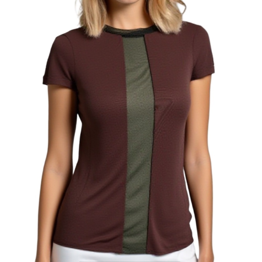 AllSaints Silk Sheer Panel Bordeaux Red Fitted T-Shirt -2